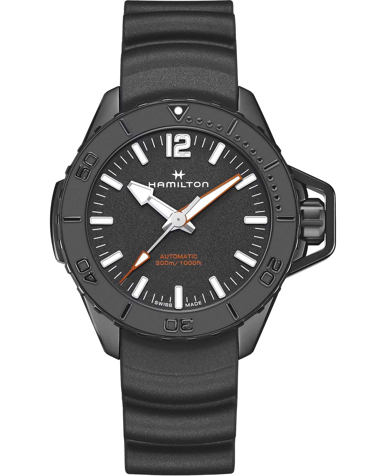 Hamilton Hamilton Khaki Navy Frogman Auto H77855330  H77855330 механические мужские часы черный циферблат, браслет каучук — вид спереди