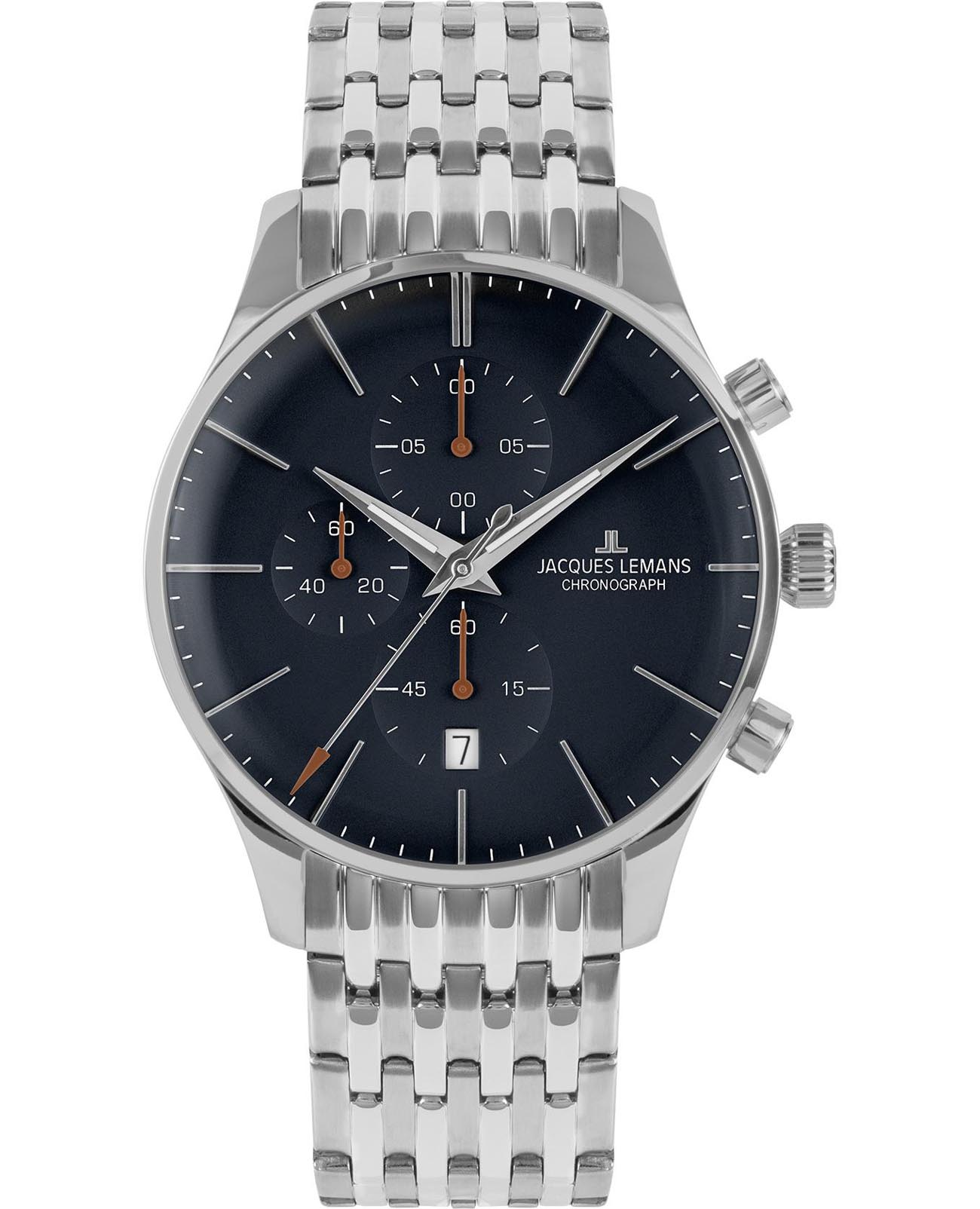 Jacques Lemans Jacques Lemans London 1-2163H  1-2163H кварцевые мужские часы синий циферблат, браслет нержавеющая сталь — вид спереди