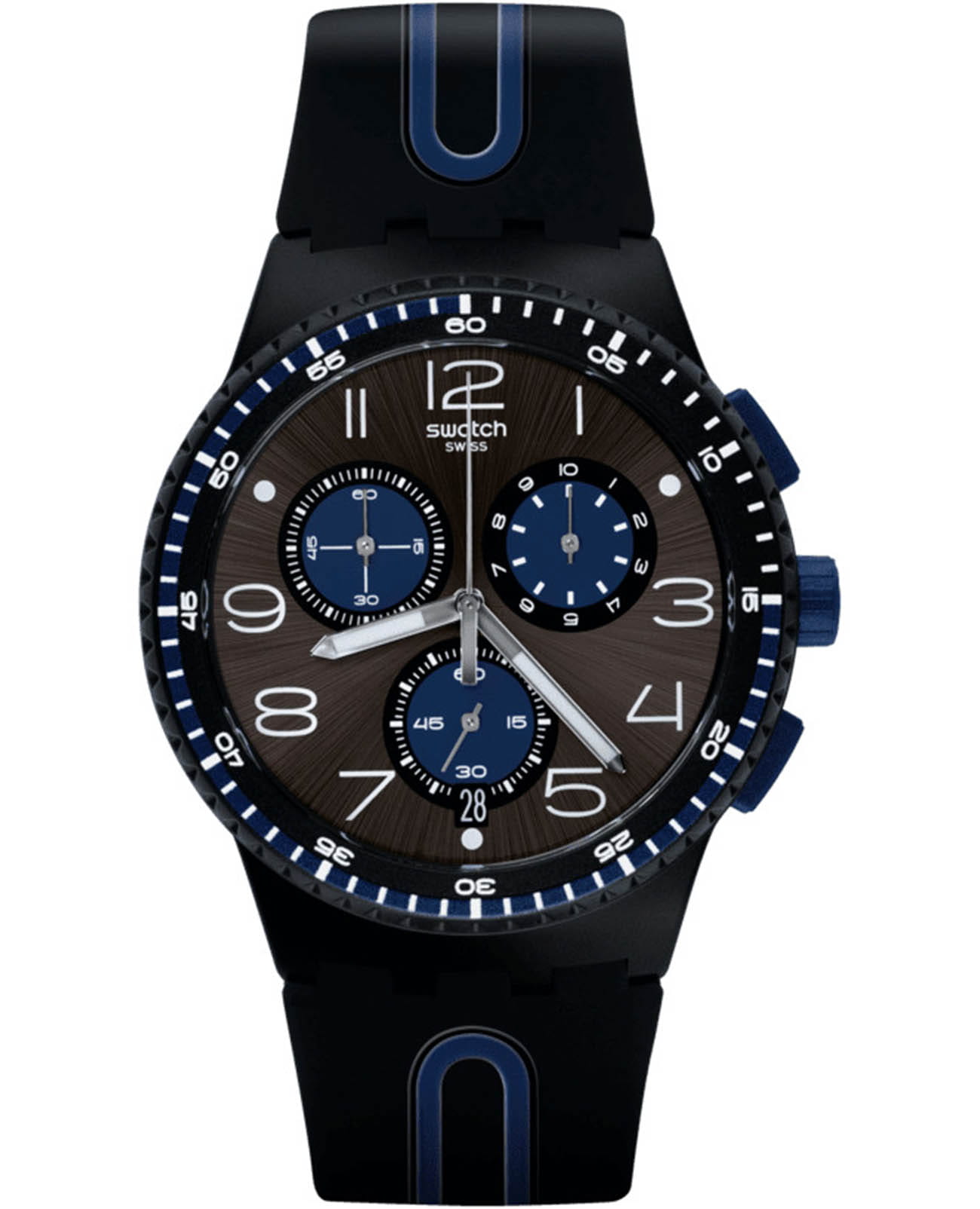 Swatch Swatch Chrono 42 Standard SUSB406  SUSB406 кварцевые мужские часы черный циферблат, браслет силикон — вид спереди