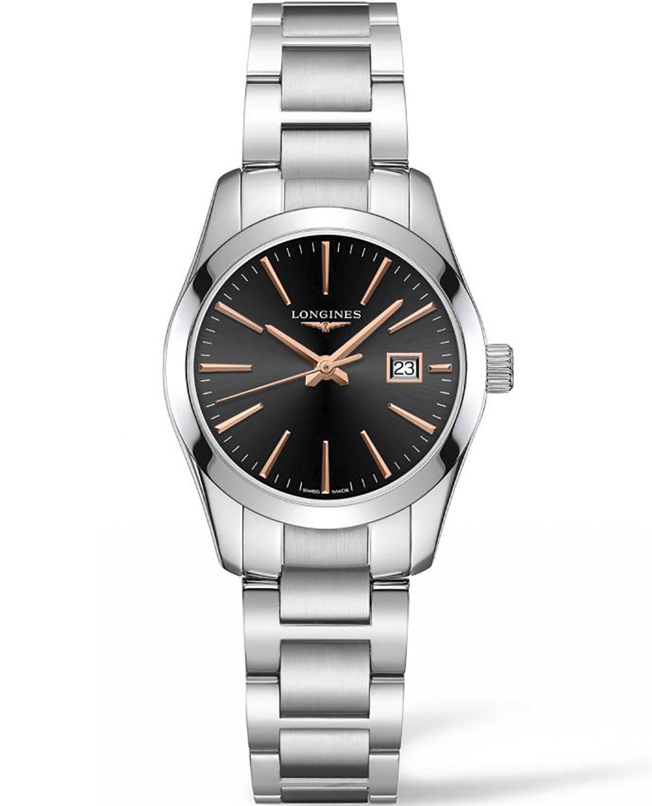 Longines Longines Conquest Classic L2.286.4.52.6  L22864526 кварцевые женские часы черный циферблат, браслет нержавеющая сталь — вид спереди