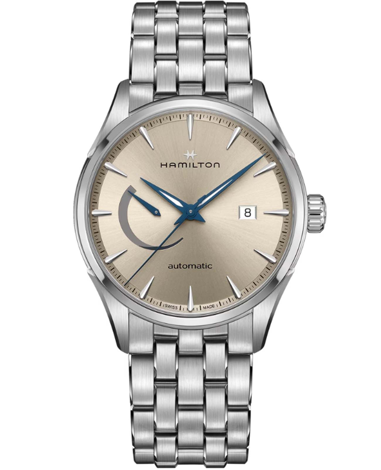 Hamilton Hamilton Jazzmaster Power Reserve Auto H32635122  H32635122 механические мужские часы бежевый циферблат, браслет нержавеющая сталь — вид спереди
