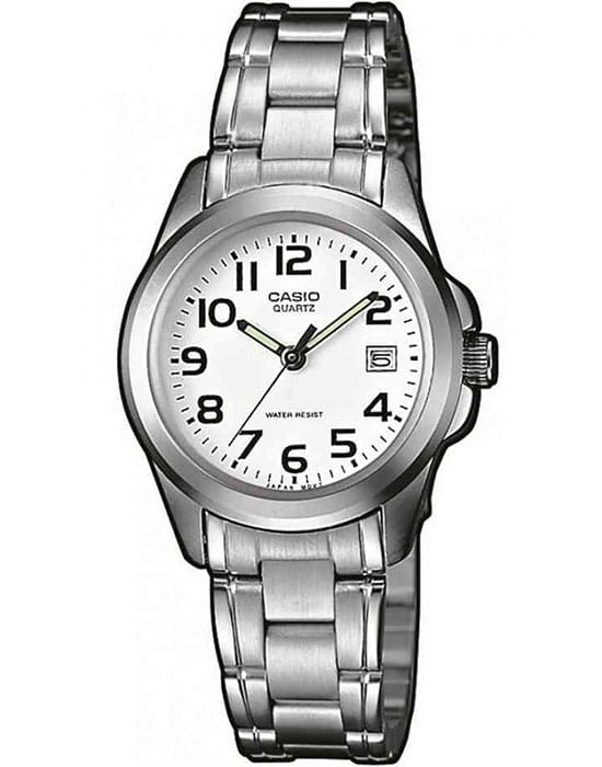 Casio Casio Collection LTP-1259PD-7BEG  LTP-1259PD-7BEG кварцевые женские часы белый циферблат, браслет нержавеющая сталь — вид спереди