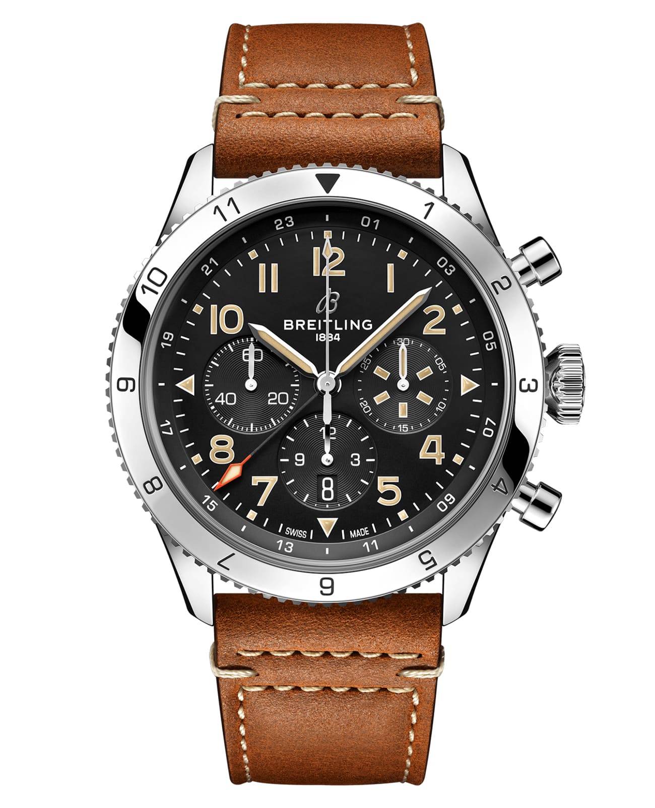 Breitling Breitling Super Avi B04 Chronograph GMT 46 P-51 Mustang AB04453A1B1X1  AB04453A1B1X1 механические мужские часы черный циферблат, браслет кожаный — вид спереди