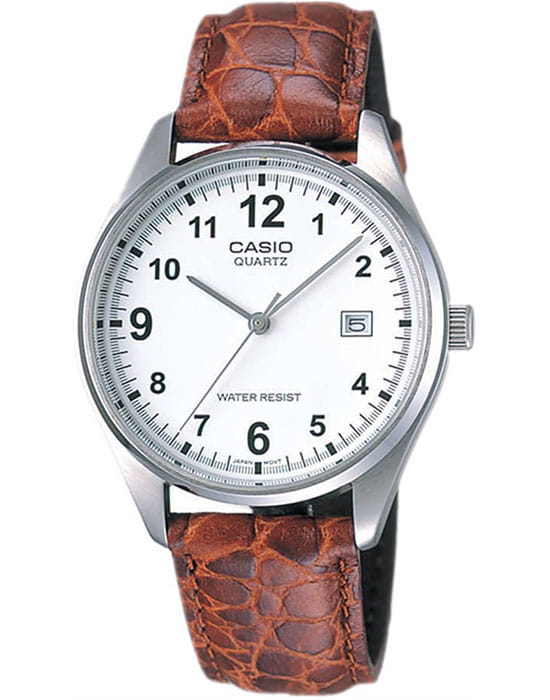 Casio Casio MTP-1175E-7B  MTP-1175E-7B кварцевые мужские часы белый циферблат, браслет кожаный — вид спереди