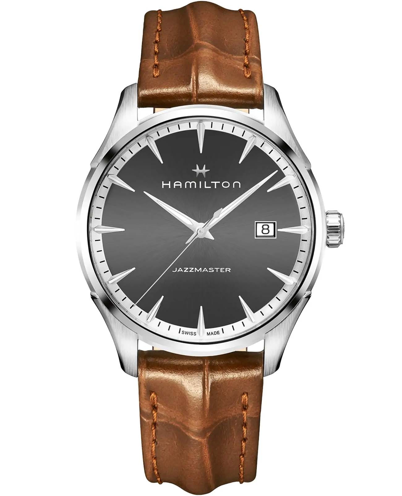 Hamilton Hamilton Jazzmaster Gent Quartz H32451581  H32451581 кварцевые мужские часы черный циферблат, браслет кожаный — вид спереди