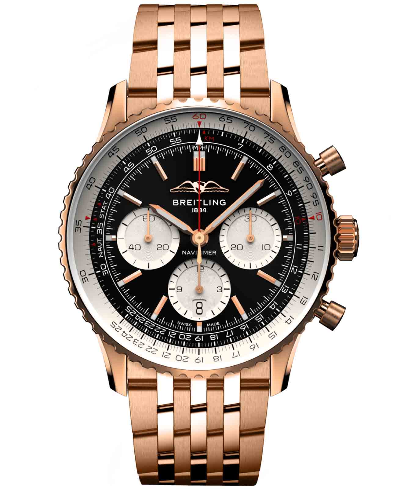 Breitling Breitling Navitimer B01 Chronograph 43 RB0138211B1R1  RB0138211B1R1 механические мужские часы черный циферблат, браслет 18-каратное красное золото — вид спереди