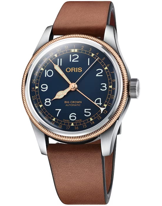 Oris Oris Big Crown Pointer Date 01 754 7741 4365-07 5 20 58  01 754 7741 4365-07 5 20 58 механические мужские часы синий циферблат, браслет кожаный — вид спереди
