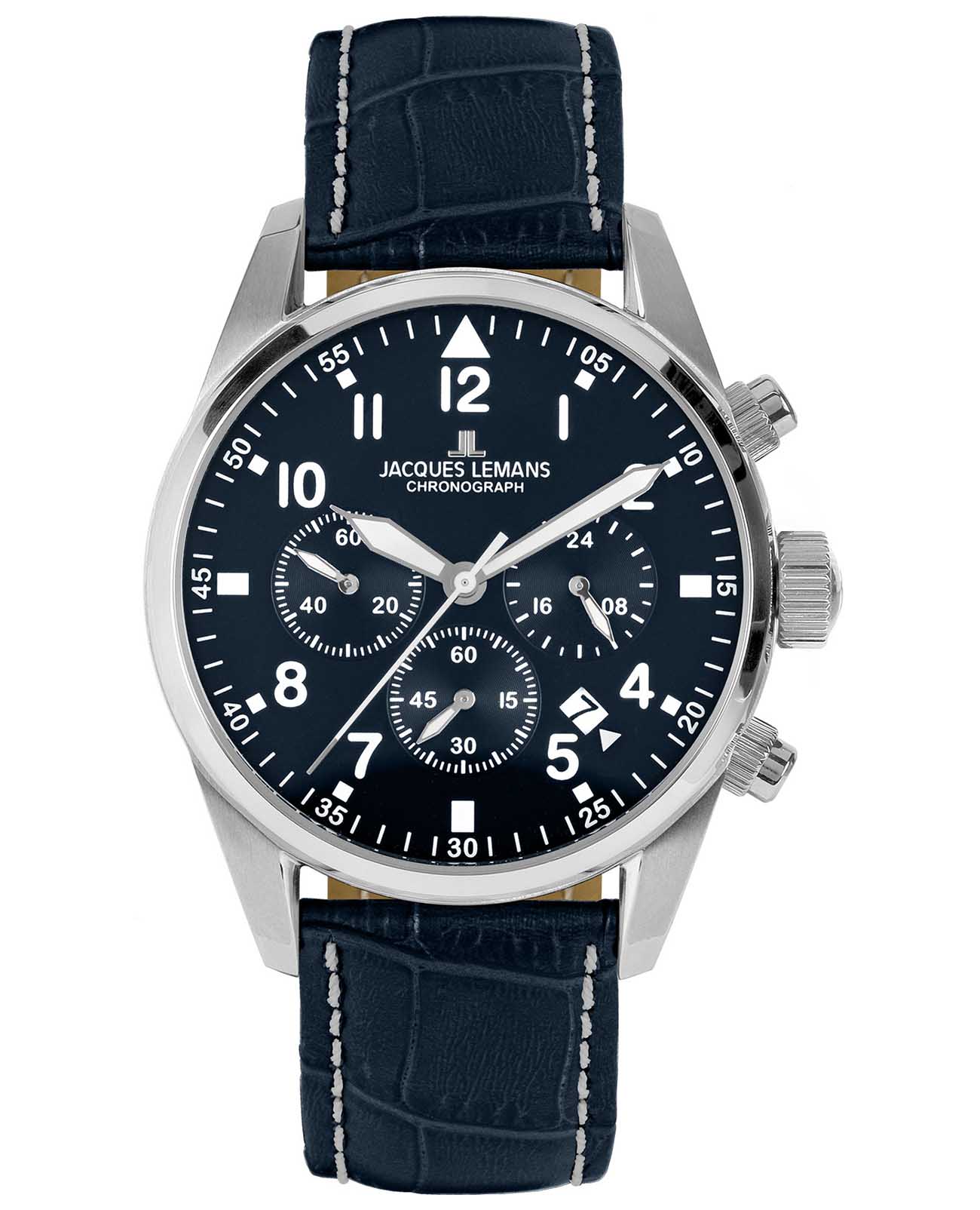 Jacques Lemans Jacques Lemans 42-2B  42-2B кварцевые мужские часы синий циферблат, браслет кожаный — вид спереди