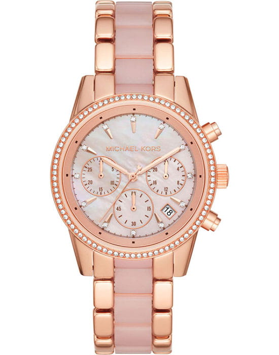 Michael Kors Michael Kors Runway Slim MK6769  MK6769 кварцевые женские часы розовый циферблат, браслет сталь c pvd покрытием + пластик — вид спереди