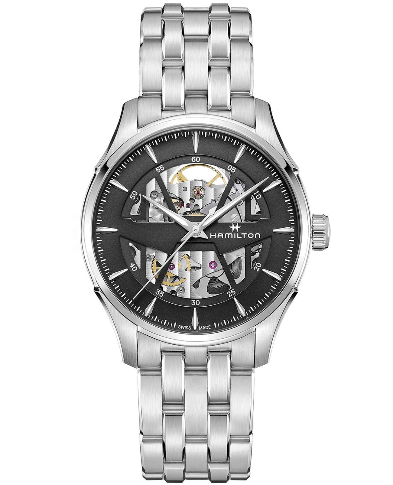 Hamilton Hamilton Jazzmaster Skeleton Auto H42535180  H42535180 механические мужские часы черный циферблат, браслет нержавеющая сталь — вид спереди