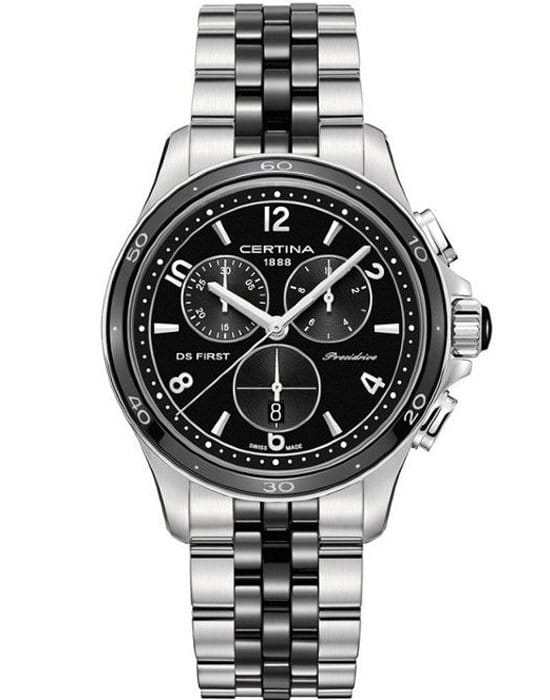 Certina Certina DS First C030.217.11.057.00 DS First C0302171105700 кварцевые женские часы черный циферблат, браслет нержавеющая сталь — вид спереди