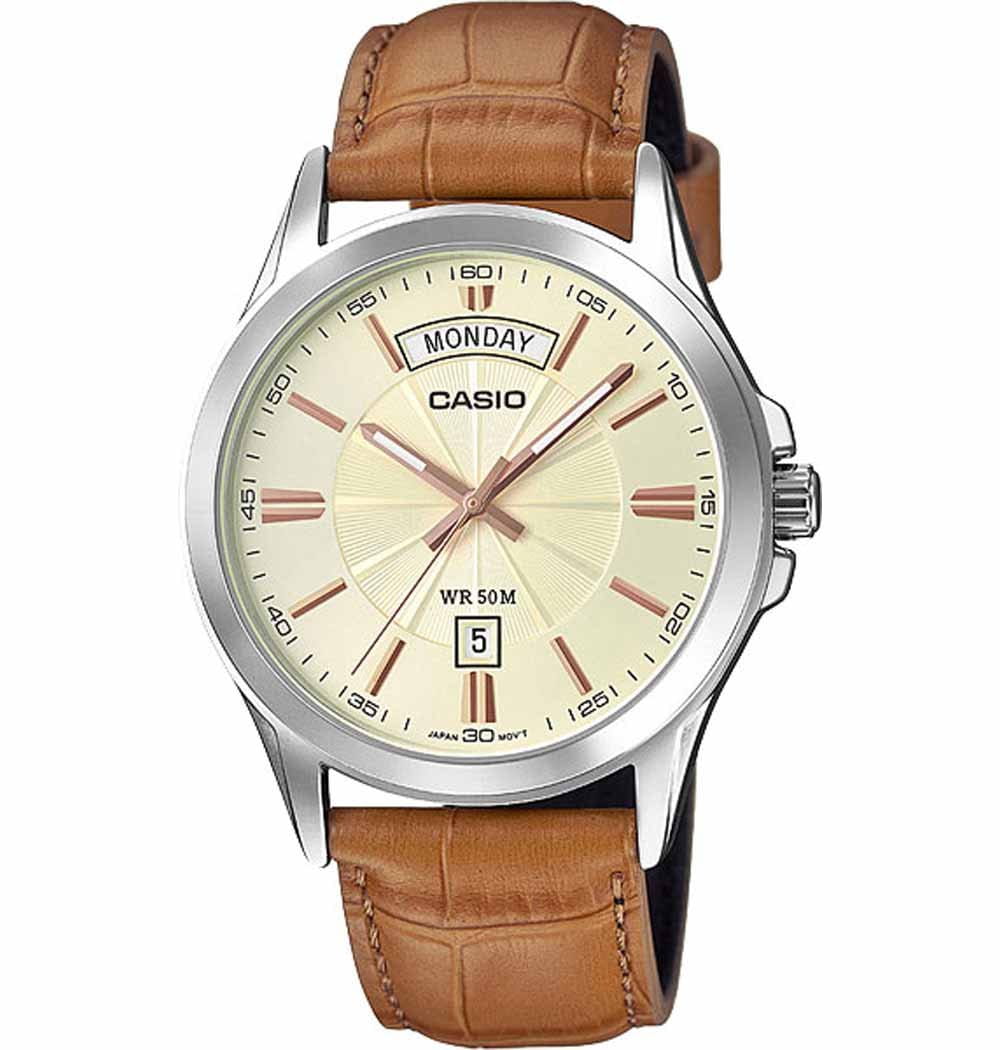 Casio Casio MTP-1381L-9A  MTP-1381L-9A кварцевые мужские часы желтый циферблат, браслет кожаный — вид спереди
