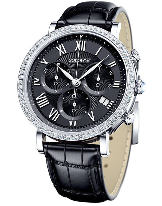 Sokolov 127.30.00.001.02.01.2  127.30.00.001.02.01.2 кварцевые женские часы черный циферблат, браслет кожаный — вид спереди