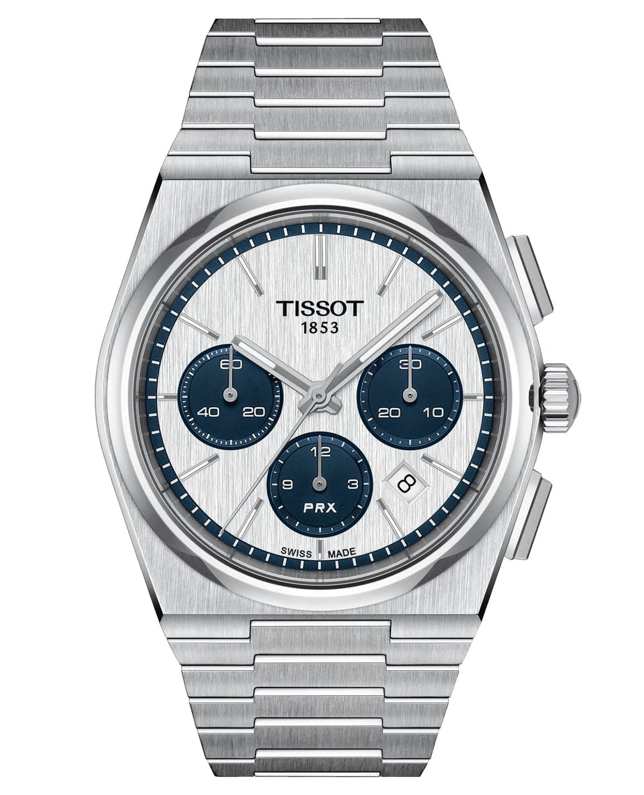 Tissot Tissot PRX Automatic Chronograph T137.427.11.011.01  T1374271101101 механические мужские часы белый циферблат, браслет нержавеющая сталь — вид спереди