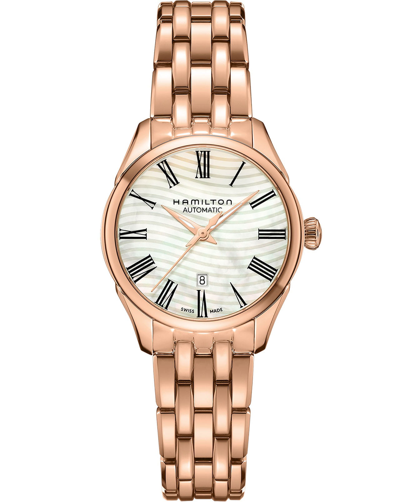 Hamilton Hamilton Jazzmaster Lady Auto H42245191  H42245191 механические женские часы перламутровый циферблат, браслет сталь c pvd покрытием — вид спереди