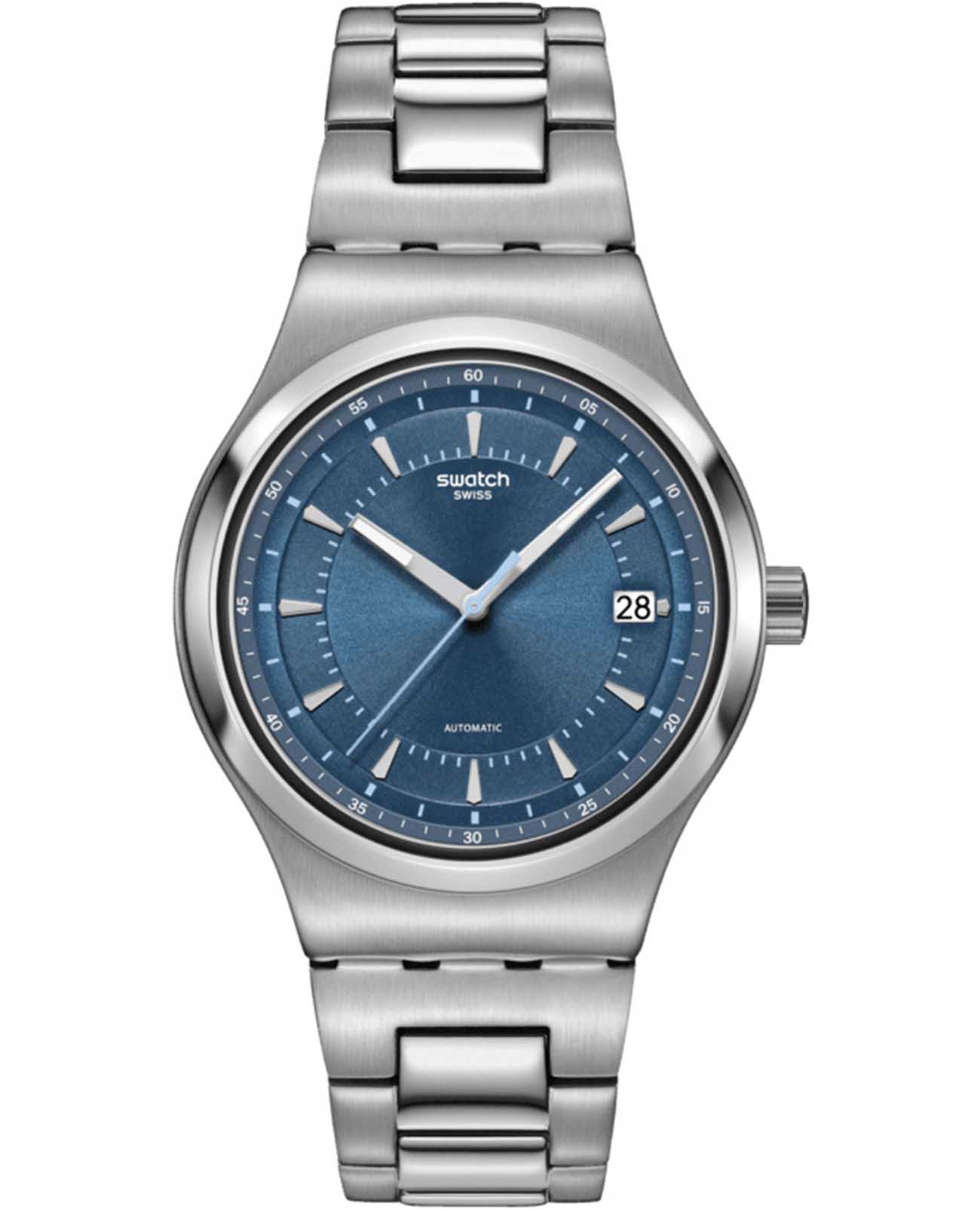 Swatch Swatch Irony Sistem51 YIS435G  YIS435G механические мужские часы синий циферблат, браслет нержавеющая сталь — вид спереди