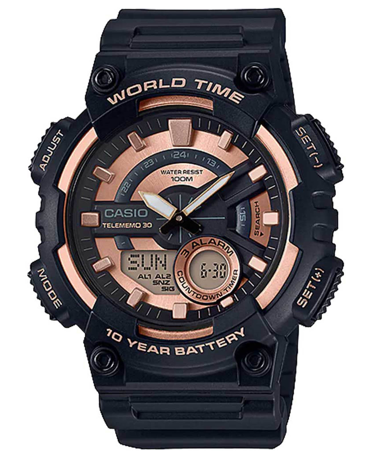 Casio Casio Collection AEQ-110W-1A3VDF (AEQ-110W-1A3)  AEQ-110W-1A3 кварцевые мужские часы  циферблат, браслет пластик — вид спереди