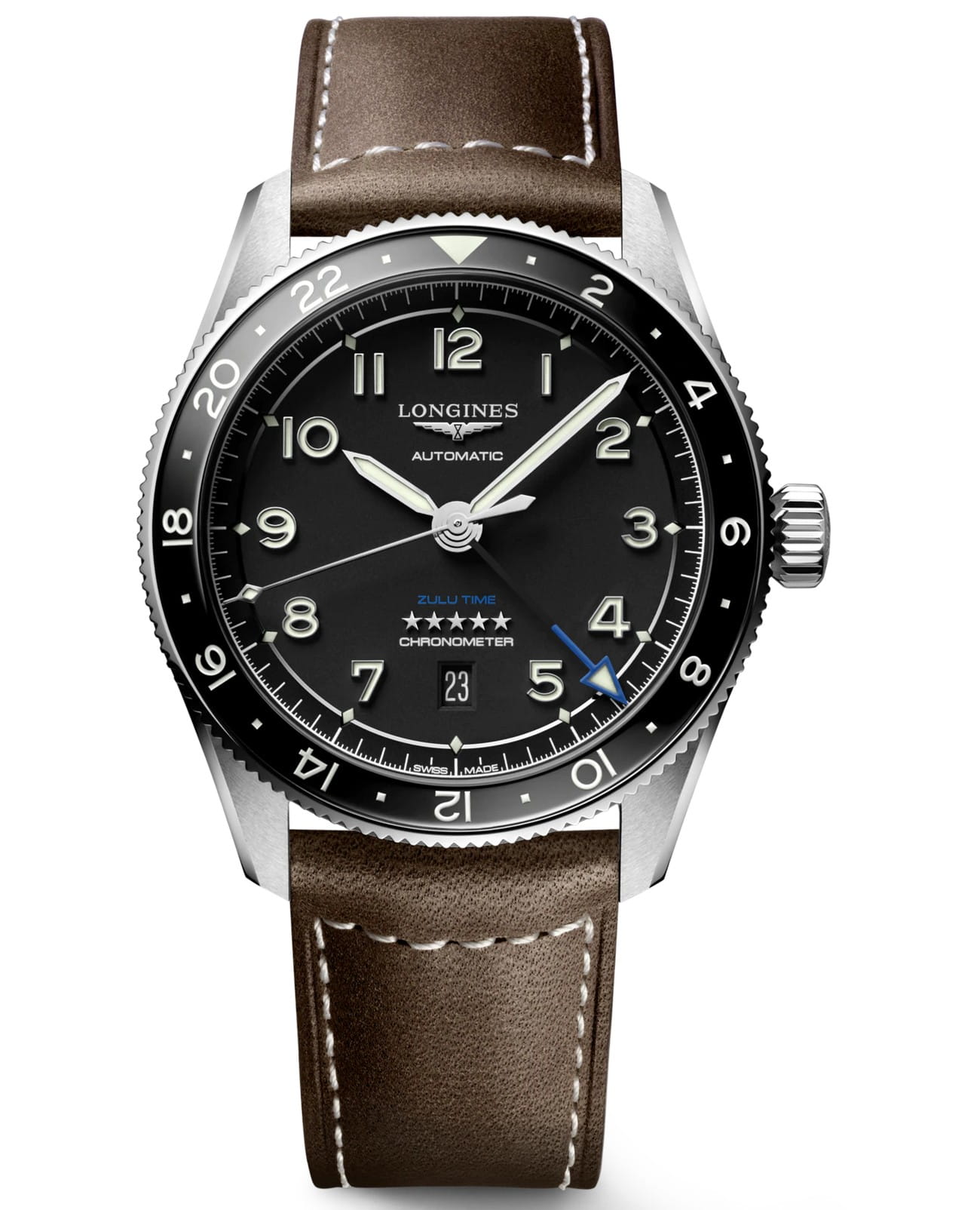 Longines Longines Spirit L3.812.4.53.2  L38124532 механические мужские часы черный циферблат, браслет кожаный — вид спереди