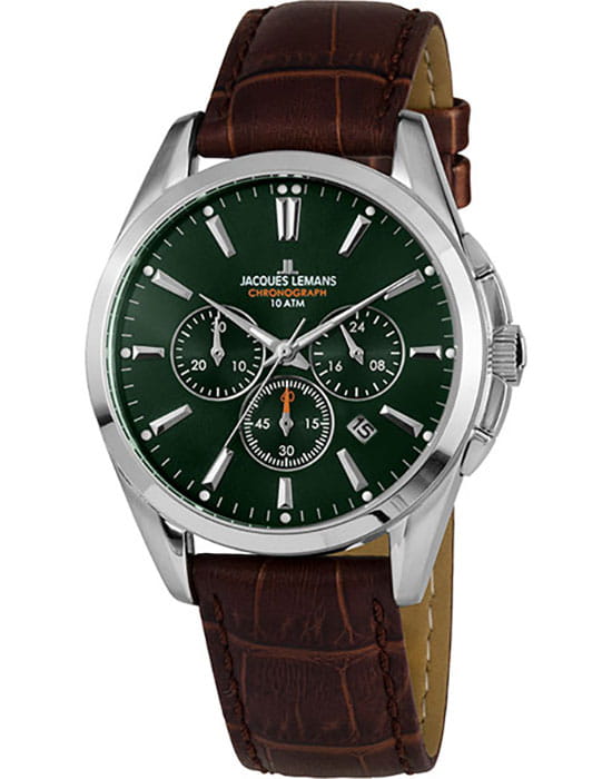Jacques Lemans Jacques Lemans 1-1945C  1-1945C кварцевые мужские часы зеленый циферблат, браслет кожаный — вид спереди