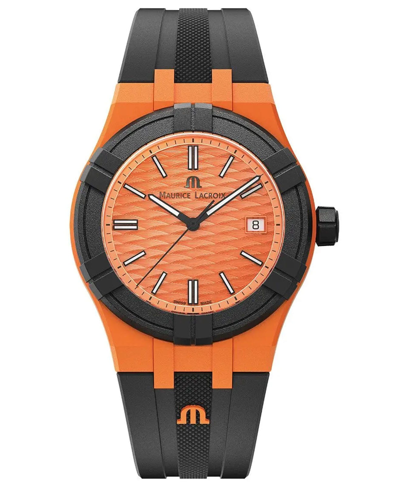 Maurice Lacroix Maurice Lacroix Aikon Tide AI2008-50050-300-0  AI2008-50050-300-0 кварцевые мужские часы оранжевый циферблат, браслет каучук — вид спереди
