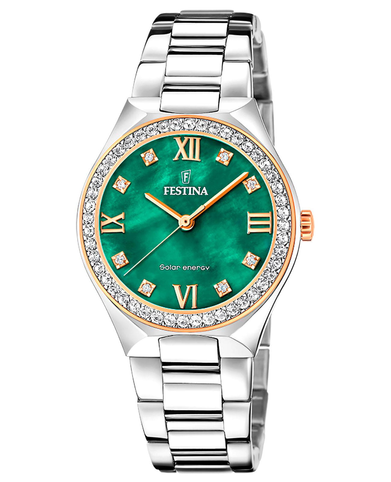 Festina Festina Solar F20658/3  F20658/3 кварцевые женские часы зеленый циферблат, браслет нержавеющая сталь 316l — вид спереди