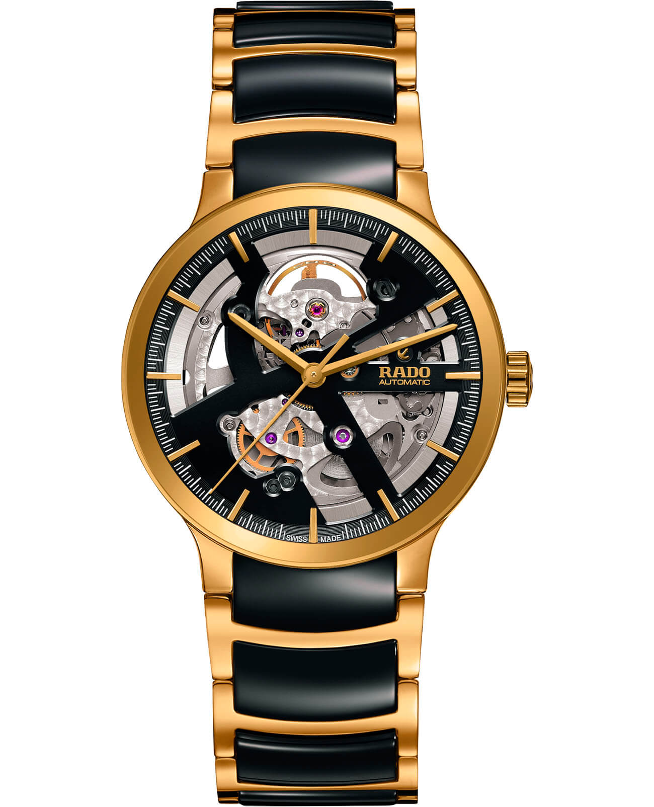 Rado Rado Centrix Automatic Open Heart R30180162 Automatic R30180162 механические мужские часы черный циферблат, браслет сталь + pvd + керамика — вид спереди