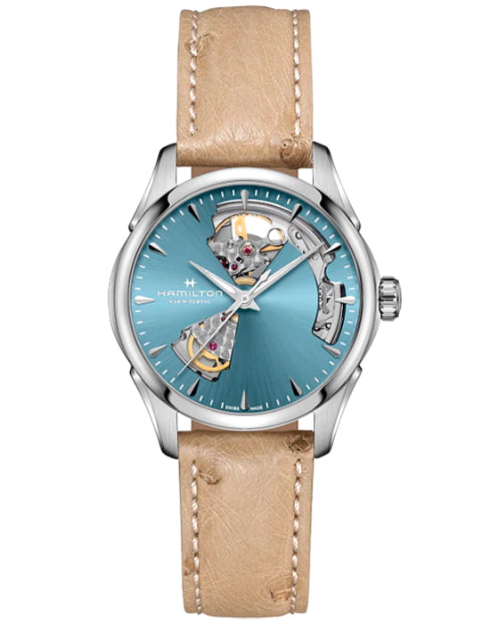 Hamilton Hamilton Jazzmaster Open Heart Lady Auto H32215840  H32215840 механические женские часы бирюзовый циферблат, браслет кожаный — вид спереди