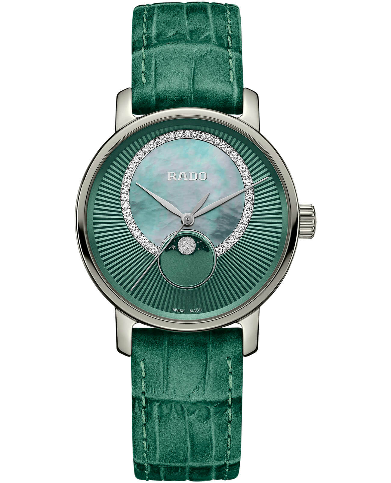 Rado Rado Diamaster R14055935  R14055935 кварцевые женские часы зеленый циферблат, браслет кожаный — вид спереди