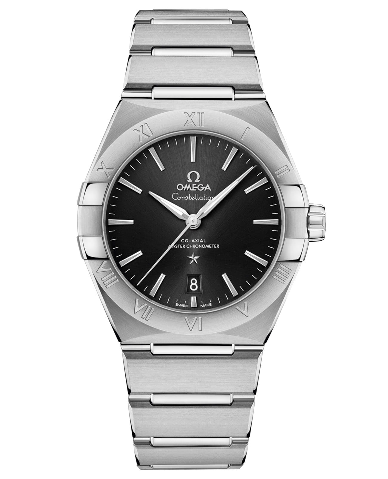 Omega Omega Constellation 131.10.39.20.01.001  13110392001001 механические мужские часы черный циферблат, браслет нержавеющая сталь — вид спереди