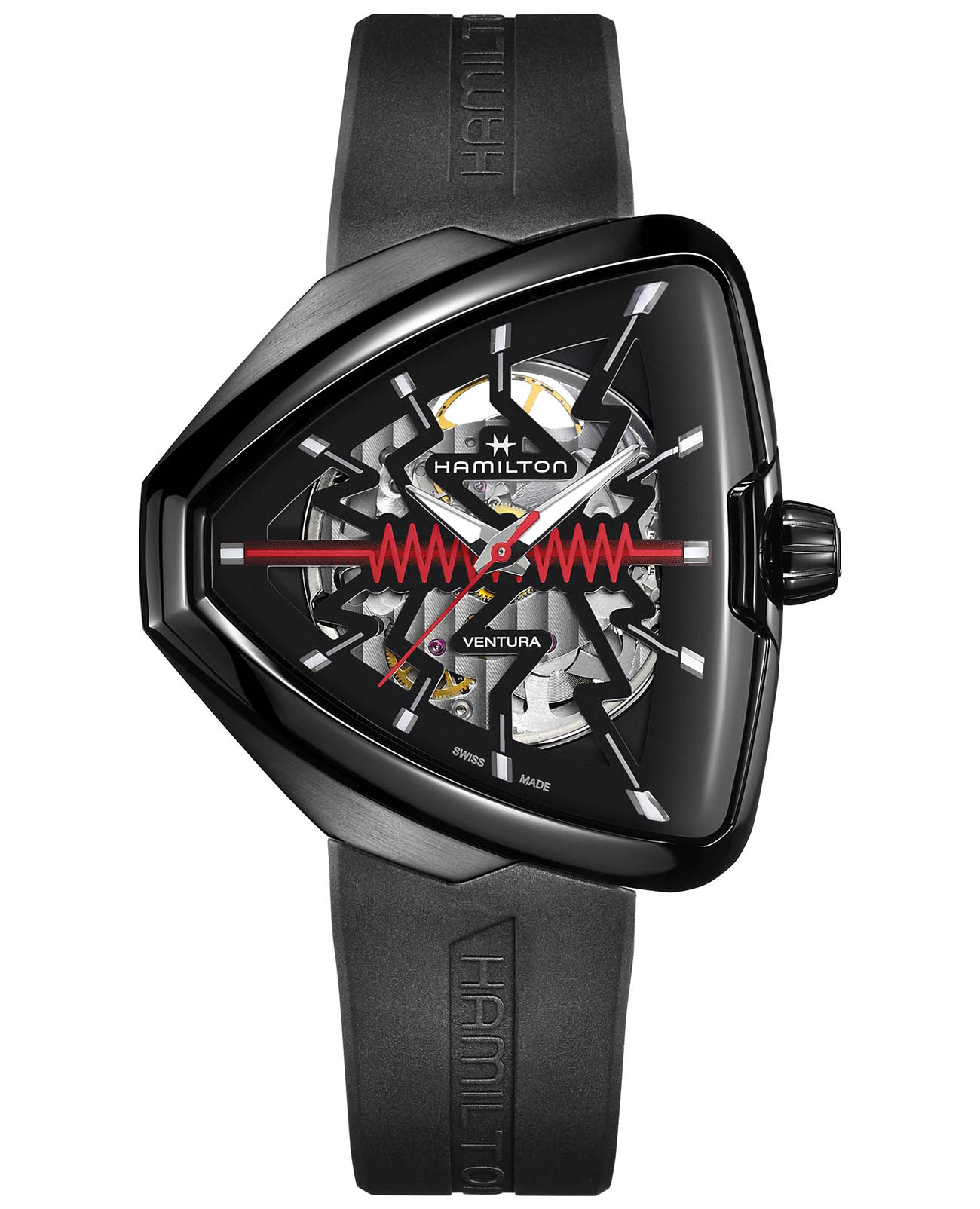 Hamilton Hamilton Ventura Elvis80  Skeleton Auto H24535331  H24535331 механические мужские часы черный циферблат, браслет каучук — вид спереди