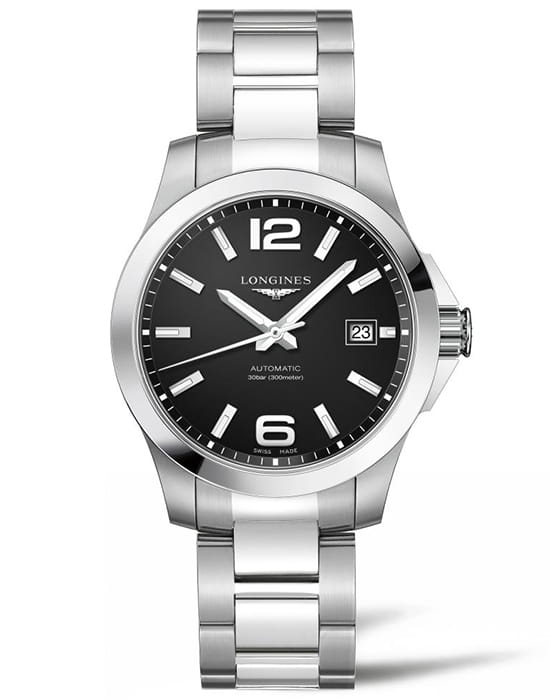 Longines Longines Conquest L3.776.4.58.6  L37764586 механические мужские часы черный циферблат, браслет нержавеющая сталь — вид спереди