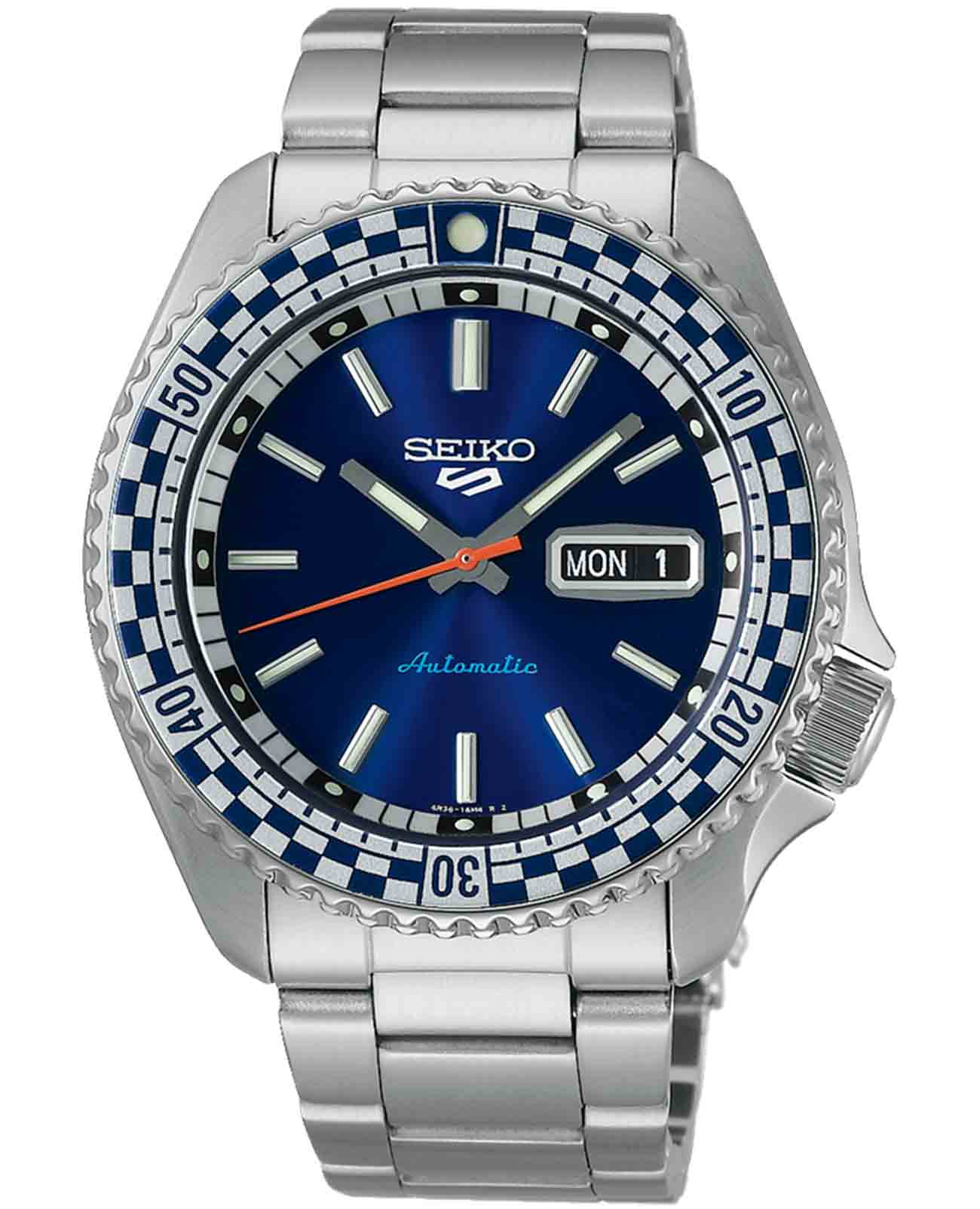 Seiko Seiko 5 Sports SRPK65K1  SRPK65K1 механические мужские часы синий циферблат, браслет нержавеющая сталь — вид спереди